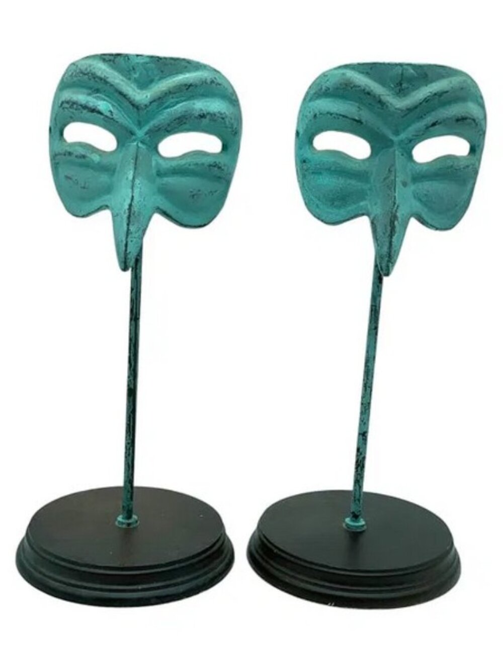 PAIR OF THEATRE PATINATED MASKS ON STANDS STATUES GREEN WITH BLACK BASE 11" TALL